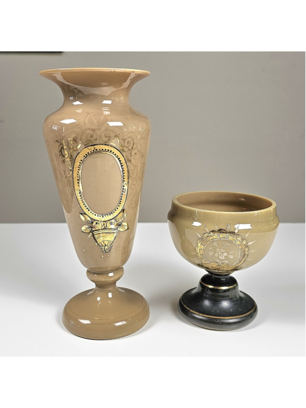Antique Victorian Bristol Glass Vase Set Gold Gilt Hand Blown Taupe Pontil 8.5"